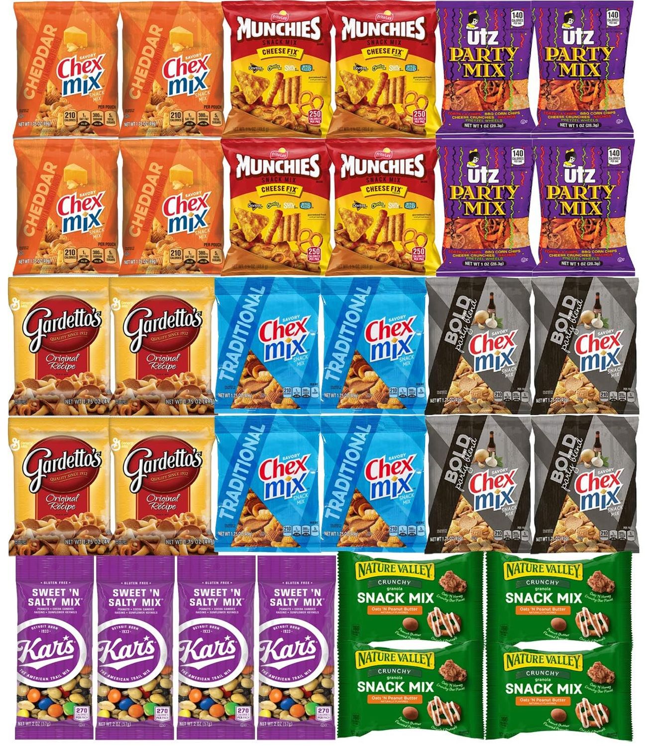 Snacks Variety Pack for Adults - Snack Pack Care Package - Party Mix Snack Mix Gift Box - Chex Mix Individual Packs Bulk Assortment (32 Pack)