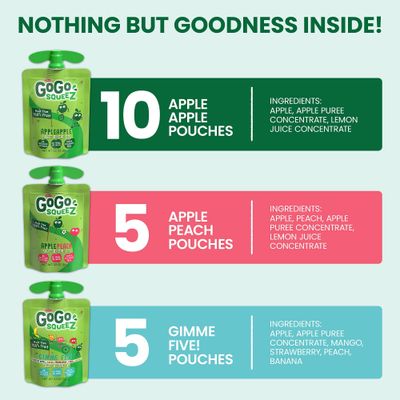 GoGo squeeZ Applesauce and Fruit Puree Variety Pack, Apple, Peach &amp; Gimme Five!, 3.2 oz (Pack of 20), Unsweetened Fruit Snacks for Kids, Gluten Free, Nut Free and Dairy Free, BPA Free Pouches