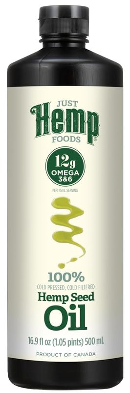 Just Hemp Foods All Natural Hemp Seed Oil, Cold Pressed, Cold Filtered, 12g of Omega 3 &amp; 6 Per Serving, 16.9 Fl Oz
