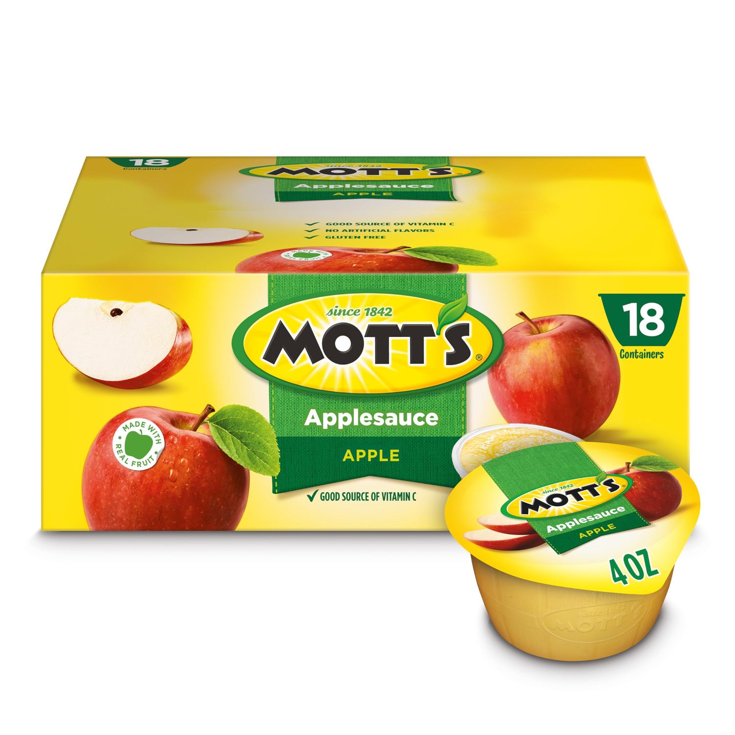 Mott&#39;s Applesauce, 4 Oz Cups, 18 Count, No Artificial Flavors, Good Source Of Vitamin C, Nutritious Option For The Whole Family