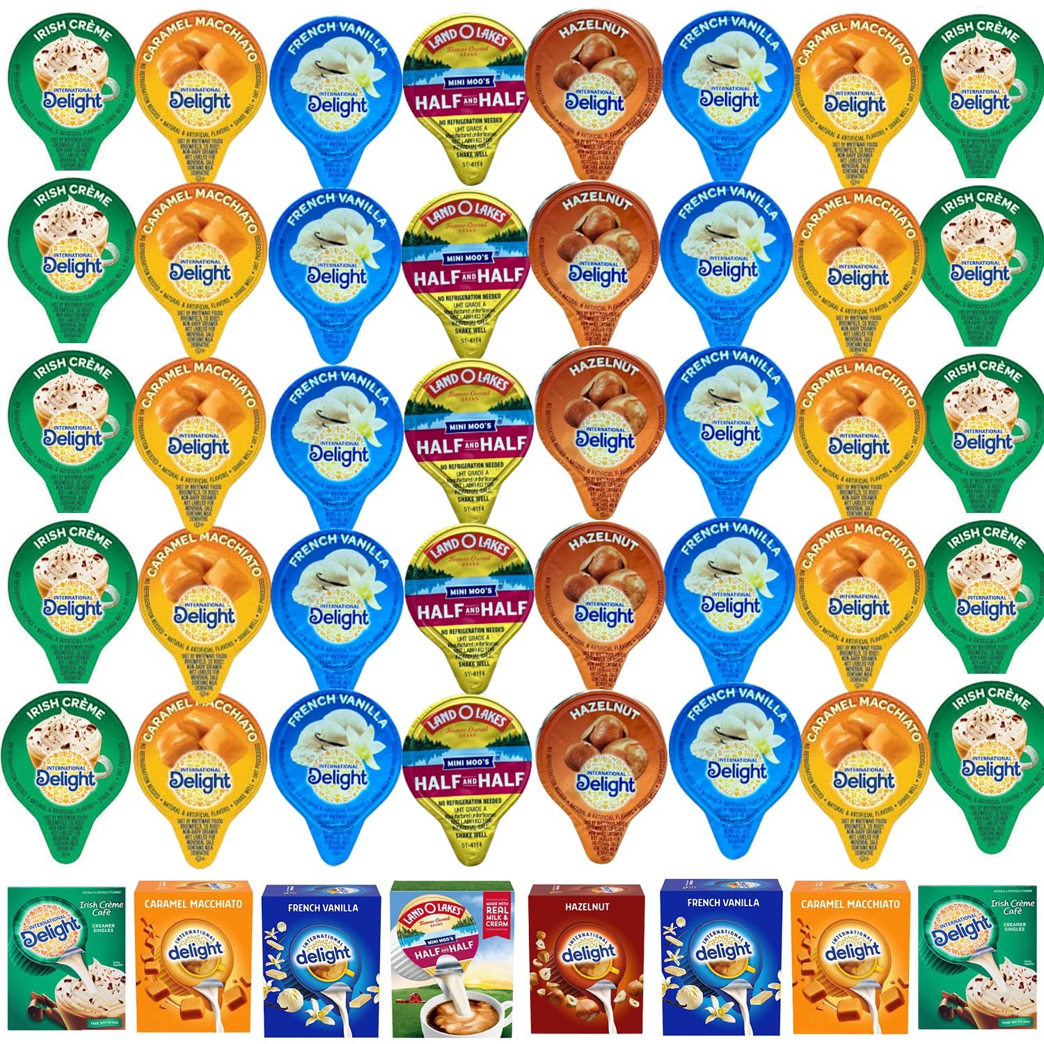 Coffee Creamer Singles Variety Pack Packaged by Bools, Inteerrnational Delight Mini Coffee Creamer &amp; Mini Moo's 5 Flavor Assortment (50 Pack) for Home, Office, Coffee, Bar, Gift