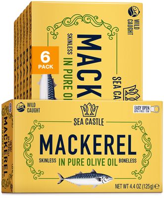 Sea Castle Mackerel in Olive Oil, 4.4oz (6 Pack) | Skinless &amp; Boneless Canned Fish | Wild Caught Canned Mackerel Fillets | Packed with Vitamins | Non-GMO | Kosher