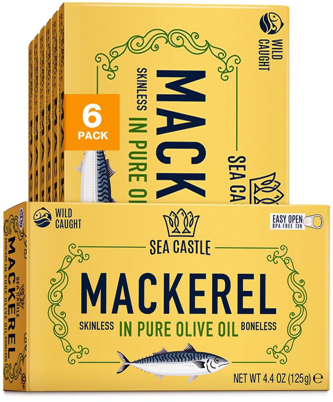Sea Castle Mackerel in Olive Oil, 4.4oz (6 Pack) | Skinless &amp; Boneless Canned Fish | Wild Caught Canned Mackerel Fillets | Packed with Vitamins | Non-GMO | Kosher