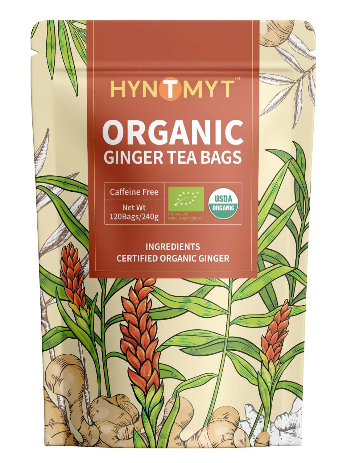 HYNTMYT Organic Ginger Tea Bags, USDA Organic Ginger Root Tea, Spicy &amp; Warm Flavor, Caffeine Free, 120 Count