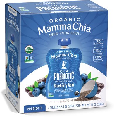 Mamma Chia Organic Prebiotic Squeeze Snack, Blueberry Acai, Fiber-Rich Prebiotic Gut Support, USDA Certified Organic, Non-GMO, Vegan, Gluten Free, 14 Ounce (Pack of 6)
