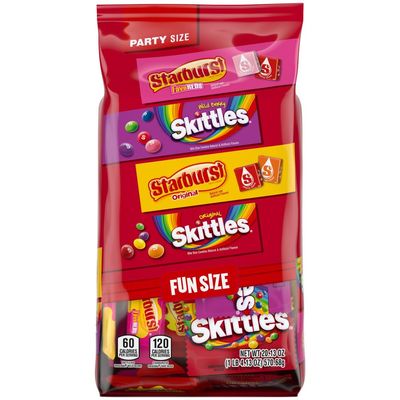 SKITTLES Original, SKITTLES Wild Berry &amp; STARBURST Original and STARBURST FaveReds Fun Size Chewy Candy Variety Bag, Party Size, 20.13 Oz Bulk Bag