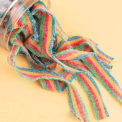Candy Club Gourmet Gummy Rainbow Sour Belts, Vegan, Sweet and Chewy Fruit Strips for Gifts, Parties, Snacks, Candy Buffets, etc. - 5oz Jar