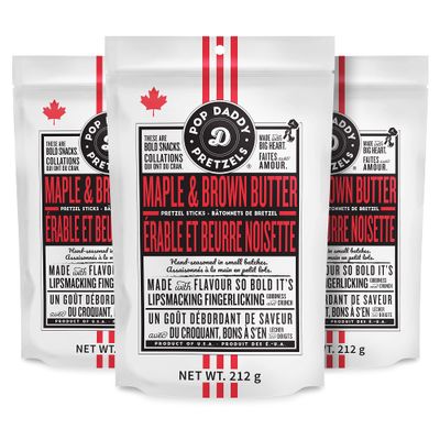 Pop Daddy Flavored Pretzels Sticks | Healthy Gourmet Pretzels Snacks | 7.5oz Individual Bags | 3 Pack | Maple and Brown Butter Flavor