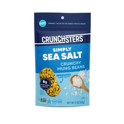 Crunchsters Sprouted Mung Beans, Plant-Based Protein Super-Snack and Salad Topper, Gluten-Free, Nut-Free, Vegan, 6g Protein/Serving, 4oz. Bags, Sea Salt, 3-Pack