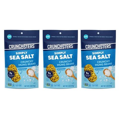 Crunchsters Sprouted Mung Beans, Plant-Based Protein Super-Snack and Salad Topper, Gluten-Free, Nut-Free, Vegan, 6g Protein/Serving, 4oz. Bags, Sea Salt, 3-Pack