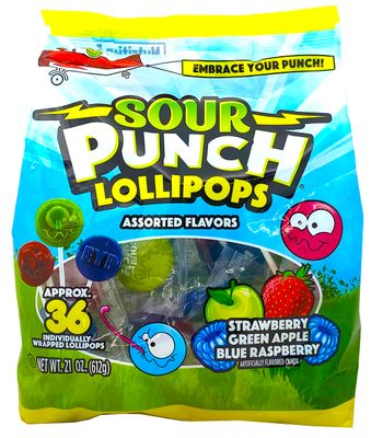 Adams &amp; Brooks, Inc. Sour Punch Lollipops Sour Fruit Flavors Strawberry, Green Apple, Blue Raspberry Sour Lollipops, Sour Punch Pops Individually Wrapped 36 Count