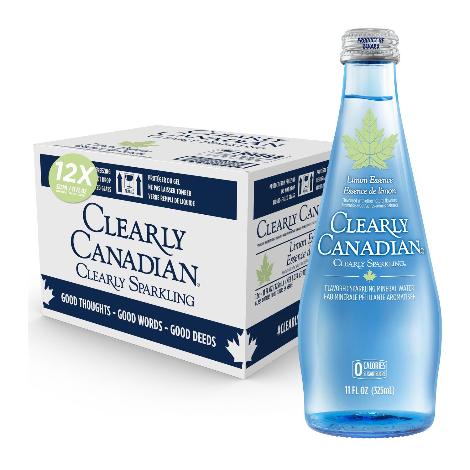 Clearly Canadian Clearly Sparkling Limon Essence Unsweetened Flavored Sparkling Mineral Water, Zero Sugar &amp; Zero Calories, 1 Case (12 Bottles x 325mL)