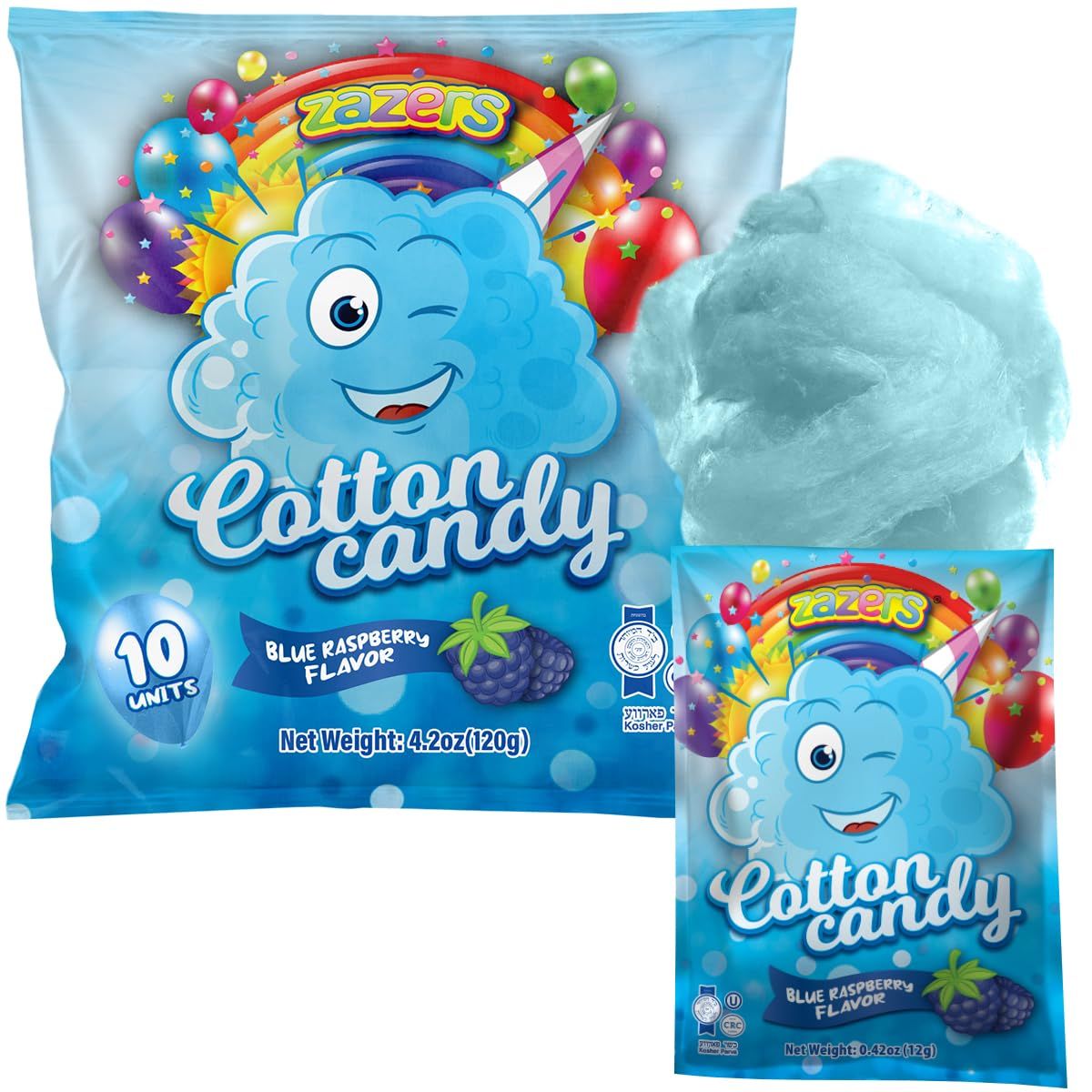 Cotton Candy 10 Pack, 10 cotton candy Bags each 0.42oz, Blue Raspberry mini cotton candy, blue cotton candy Individually Wrapped for Parties &amp; Favors, Enjoy Fluffiness of kosher candy Anytime