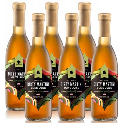 Gourmanity Olive Juice for Dirty Martinis, Premium Olive Brine an Ideal Martini Mix, Classic Cocktail Enhancer, Addition to Your Home Bar 12oz Bottle (Pack of 6)