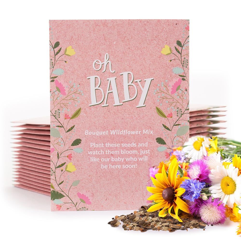 BENTLEY SEED CO. Oh Baby Flower Seeds Packets - Girl/Boy Baby Shower Favors - Pre-Filled, 25 Wildflower Seed Packs for Favor - Eco-Friendly Gift &amp; Babys Guest Giveaways - Non-GMO Seeds - Pink Envelop