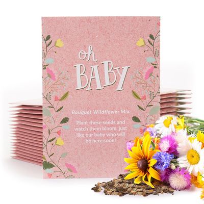 BENTLEY SEED CO. Oh Baby Flower Seeds Packets - Girl/Boy Baby Shower Favors - Pre-Filled, 25 Wildflower Seed Packs for Favor - Eco-Friendly Gift &amp; Babys Guest Giveaways - Non-GMO Seeds - Pink Envelop