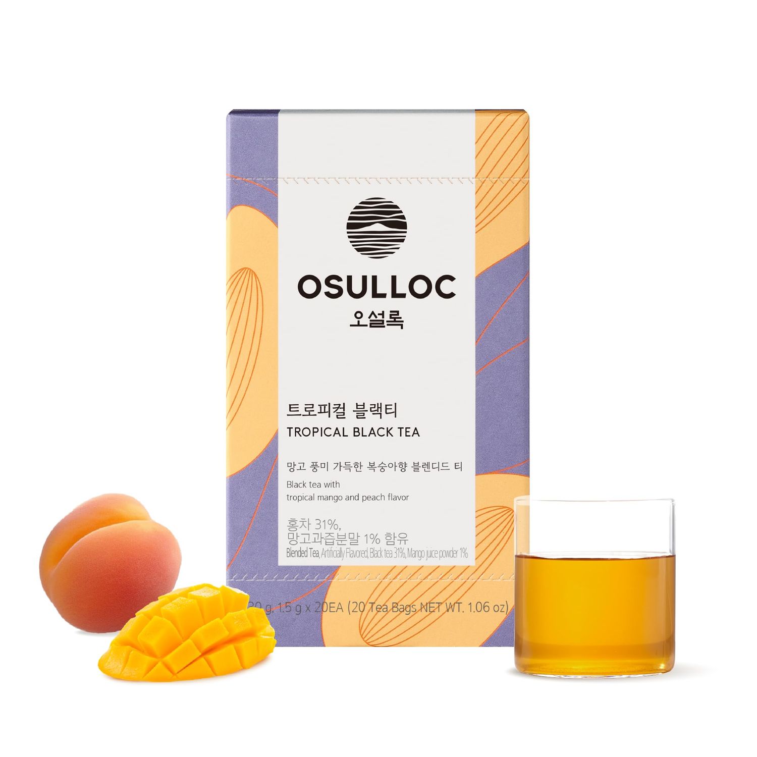 OSULLOC Tropical Black Tea (Tropical Mango &amp; Peach Flavor), Fruit tea Blend, Premium Teabags from Jeju Island, 20 count, 1.06 oz, 30g
