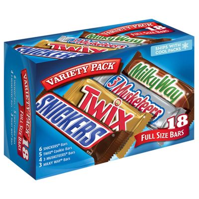 SNICKERS, TWIX, 3 MUSKETEERS &amp; MILKY WAY Full Size Christmas Candy Chocolate Bar Variety Box, 18 Count