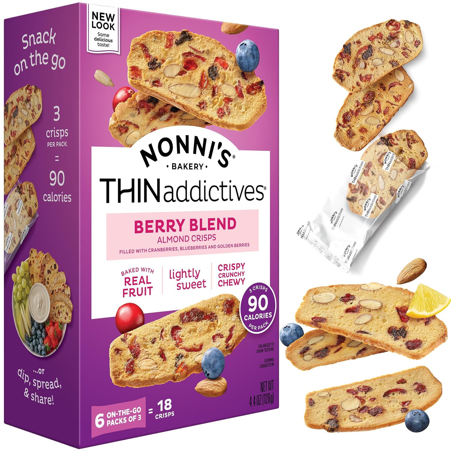 Nonni&#39;s THINaddictives Almond Thin Cookies - Berry Blend Almond Cookies - Almond Cookie Thins w/Cranberries Blueberries Goldenberries Raisins Sunflower Seeds - Kosher - 4.4 oz