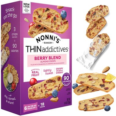 Nonni&#39;s THINaddictives Almond Thin Cookies - Berry Blend Almond Cookies - Almond Cookie Thins w/Cranberries Blueberries Goldenberries Raisins Sunflower Seeds - Kosher - 4.4 oz