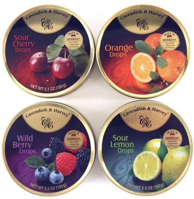 Cavendish &amp; Harvey | Variety Flavor Hard Candy Drops | Orange, Wild Berry, Sour Lemon, &amp; Sour Cherry | 5.3 Ounce Tins - 4 Pack
