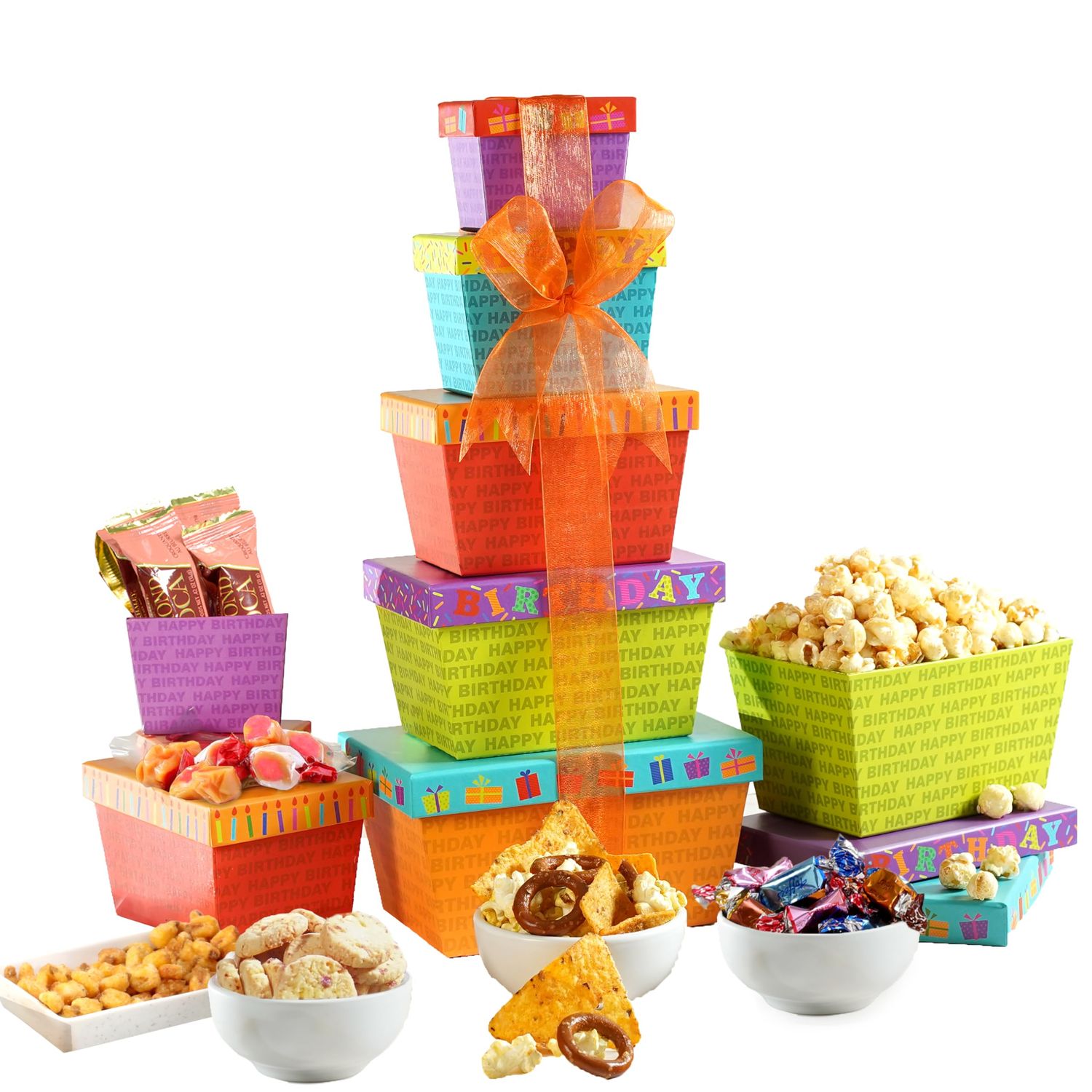 Broadway Basketeers Food Chocolate Gift Basket Tower for Birthdays - Curated Snack Box, Sweet and Savory Treats for Parties, Best Wishes, Birthday Presents for Women, Men, Mom, Dad, Her, Him, Families