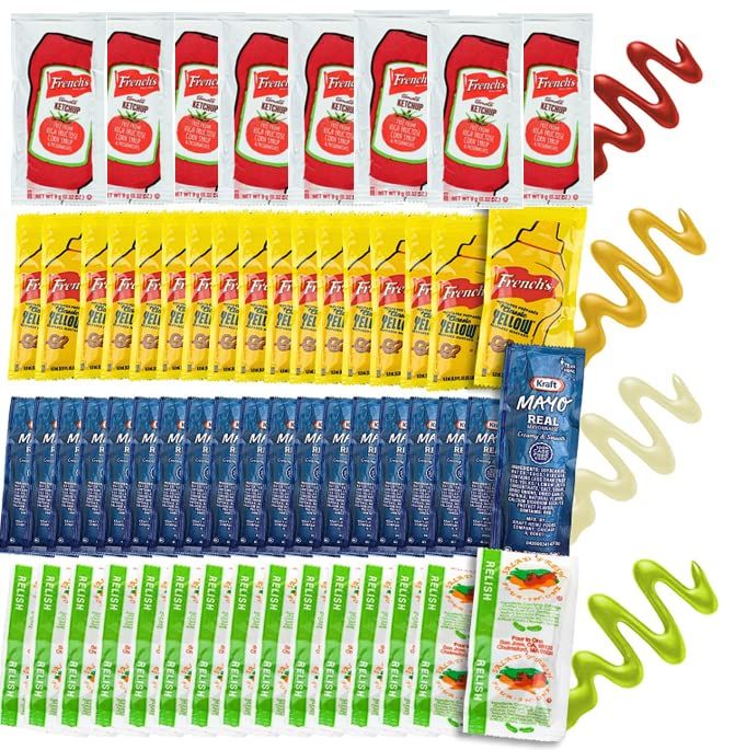 Grab-n-Go Condiment Packs - 50 Single Serve Pouches of Each: Ketchup, Mustard, Mayonnaise, and Relish - Great for, Boxed Lunch, BBQ, Travel, Picnic and Parties (200 Condiment Packets Total)
