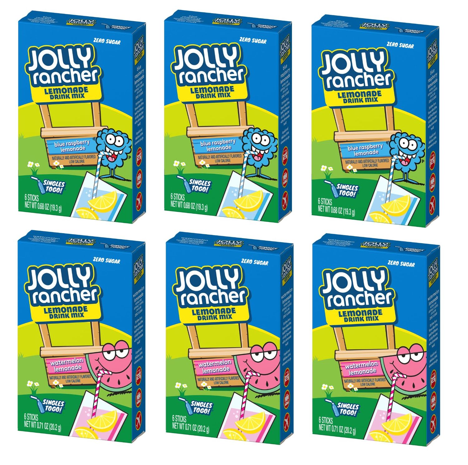 Jolly Rancher Singles To Go Drink Mix Lemonade Variety Pack, 3 Blue Raspberry Lemonade and 3 Watermelon Lemonade, Pack of 6