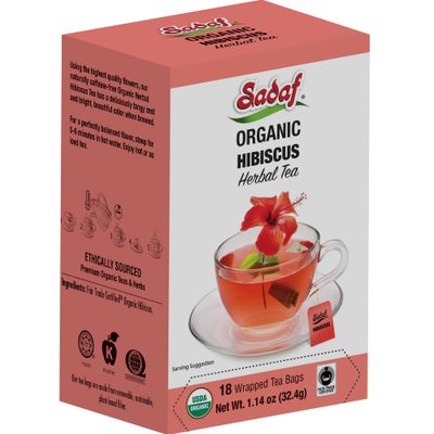 Sadaf Organic Hibiscus Tea - Organic Hibiscus Tea Bags - Ideal for Hot or Iced Tea - T de Hibisco Orgnico - Kosher - 18 Wrapped Tea Bags
