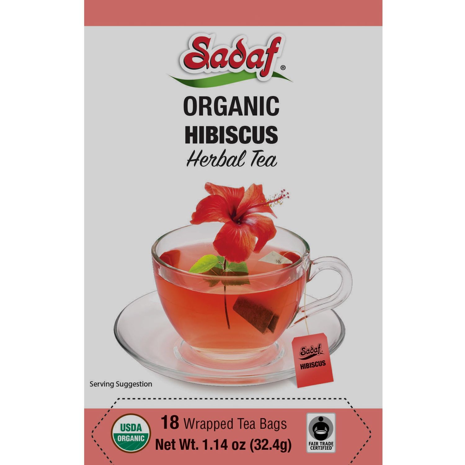 Sadaf Organic Hibiscus Tea - Organic Hibiscus Tea Bags - Ideal for Hot or Iced Tea - T de Hibisco Orgnico - Kosher - 18 Wrapped Tea Bags