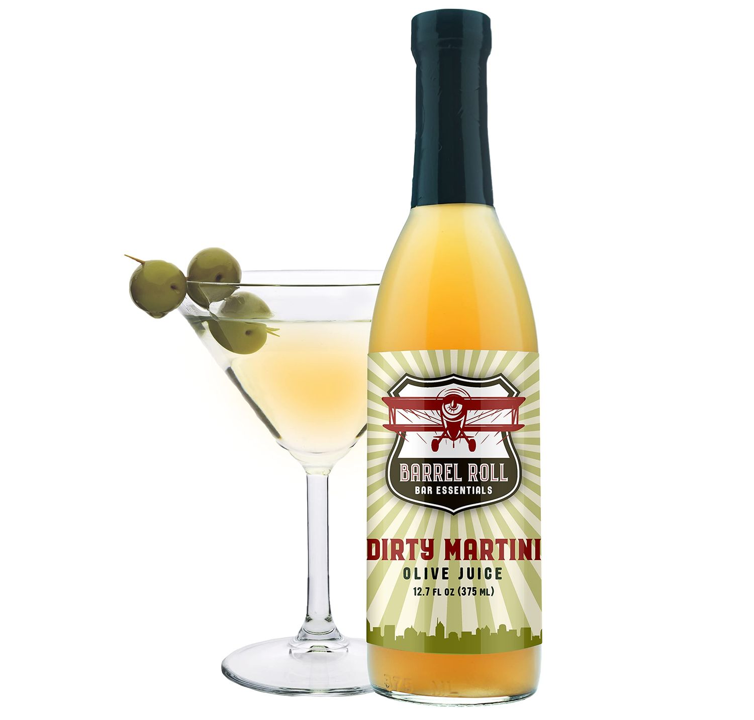 Barrel Roll Bar Essentials Cocktail Mixers - Dirty Martini Mix - Olive Brine - Handcrafted in the USA - Small Batch Drink Mix - Olive Juice - 12.7 Ounce Martini Juice Bottle - Vodka Gin Vermouth Mixer