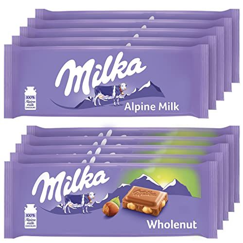 Milka European Chocolate Bars Variety Pack, Alpine Milk Chocolate &amp; Wholenut Hazelnut Chocolate, 10 - 3.52 oz Bars