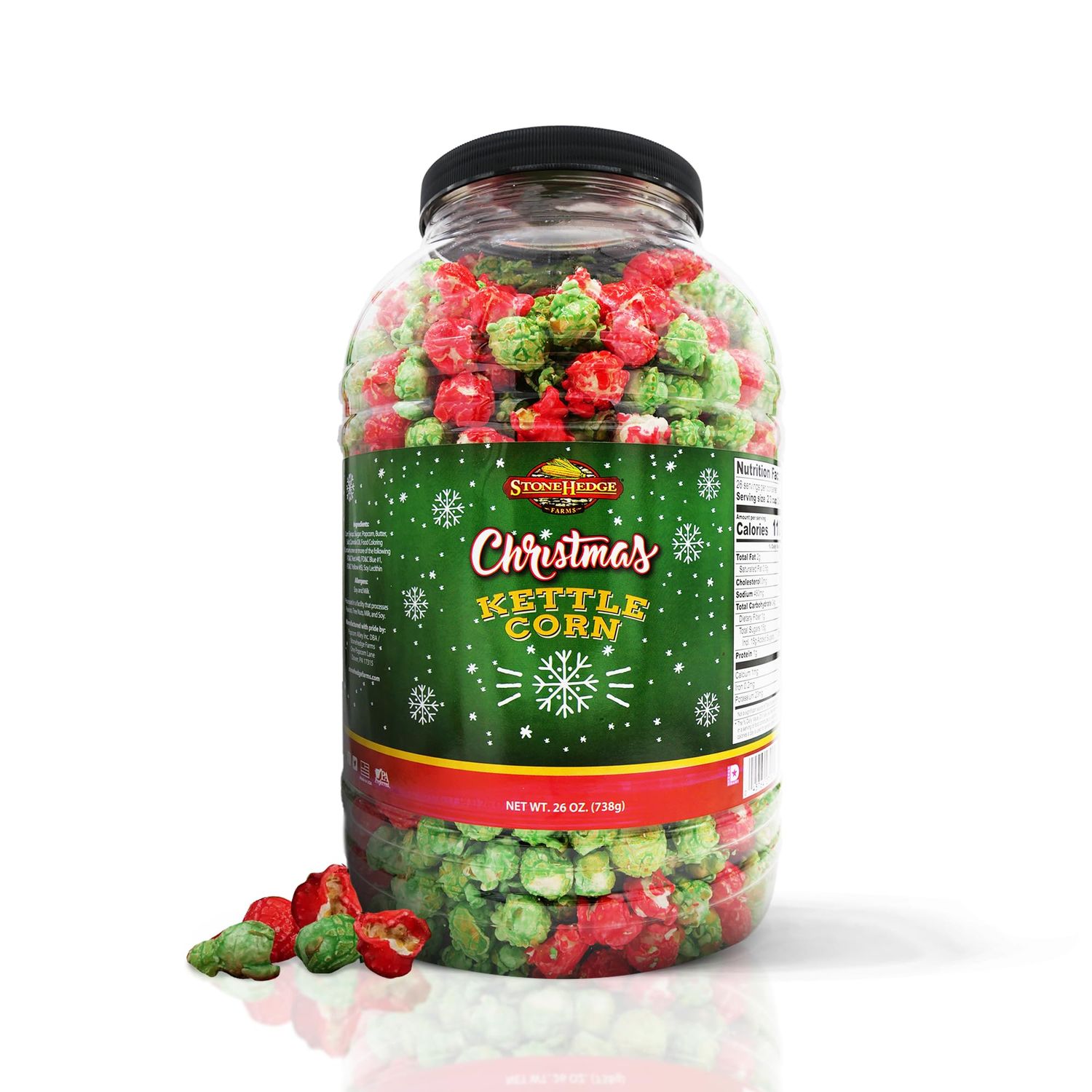 Stonehedge Farms Christmas Kettle Corn Popcorn | 26 oz Large Tub | Perfect for the Holidays | Green and Red Popped Sweet Snacks | Made in the USA