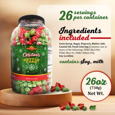 Stonehedge Farms Christmas Kettle Corn Popcorn | 26 oz Large Tub | Perfect for the Holidays | Green and Red Popped Sweet Snacks | Made in the USA