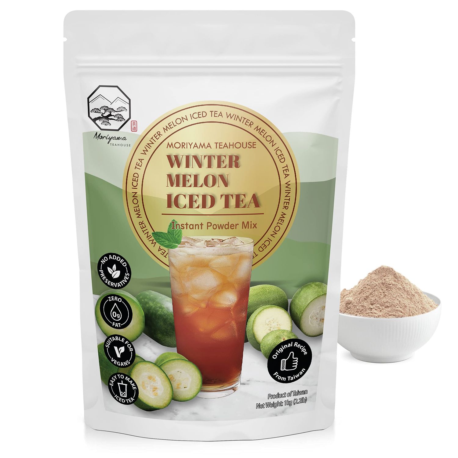 Winter Melon Bubble Iced Tea Instant Powder Mix - 1kg (33 Drinks) | For Iced Tea, Boba Tea, Ice Blended Smoothies and Sorbet | Authentic Taiwan Recipe | No Fat, No Preservatives by Moriyama Teahouse