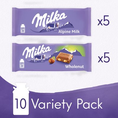 Milka European Chocolate Bars Variety Pack, Alpine Milk Chocolate &amp; Wholenut Hazelnut Chocolate, 10 - 3.52 oz Bars