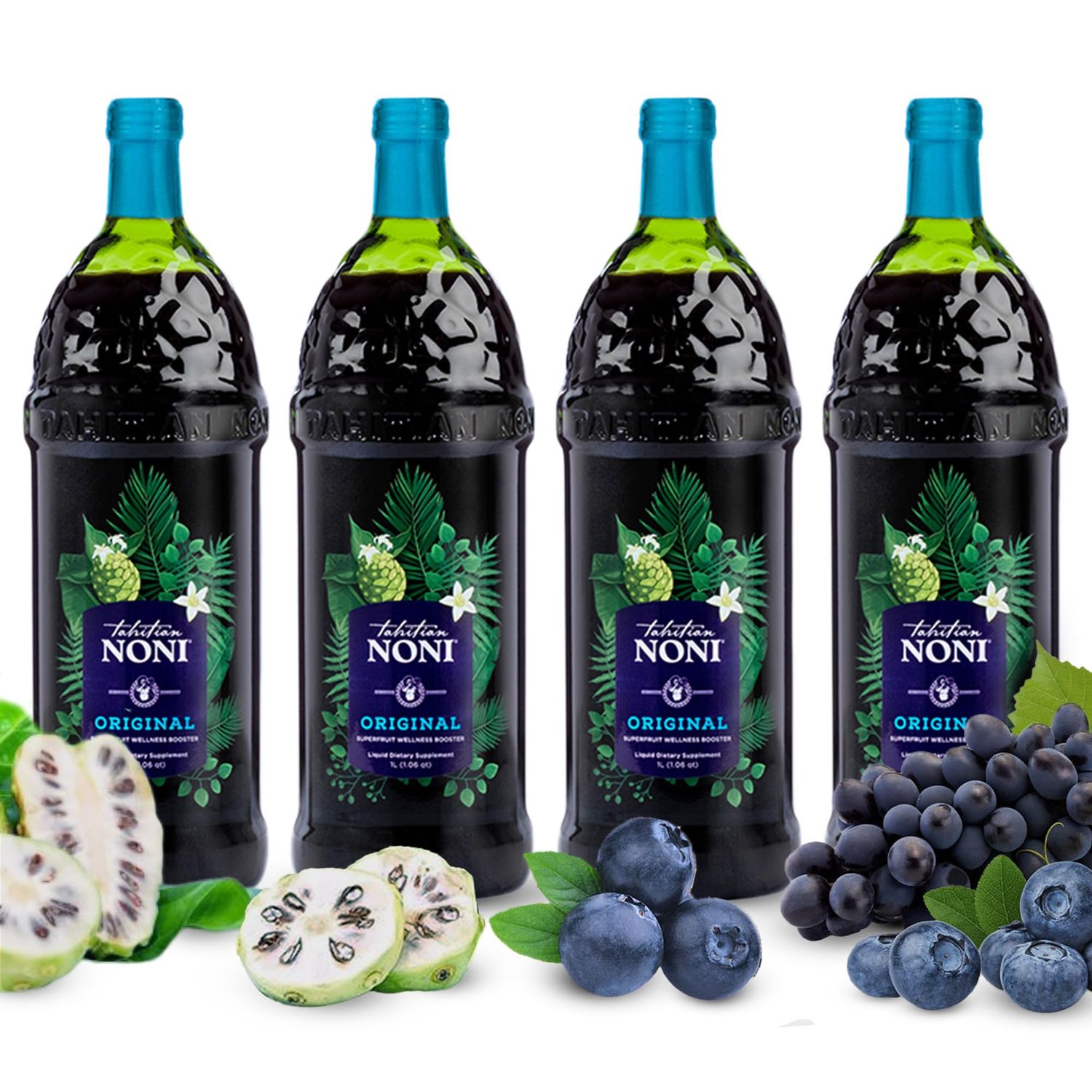 TAHITIAN NONI Juice by Morinda, Original and Authentic, Noni Fruit Puree from Tahiti with Natural Blueberry &amp; Grape (Resveratrol), All-Natural Daily Wellness Drink - 4 One Liter Juice Bottles Per Case