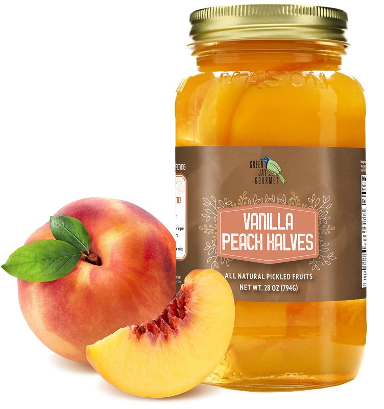 Green Jay Gourmet Vanilla Peaches in a Quart Jar - Fresh Hand Jarred Fruit for Cooking &amp; Pantry - Home Grown Pre-Prepared Pickled Peaches w/ Bourbon Vanilla Bean - All Natural Ingredients - 28 Ounce
