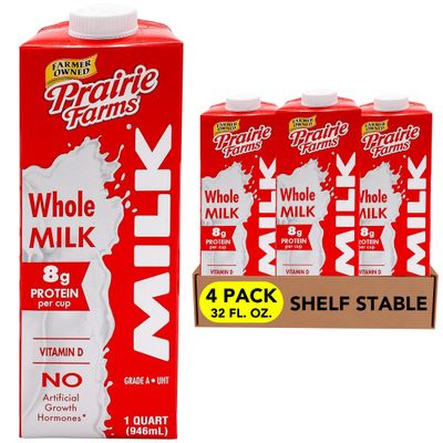 Prairie Farms - Whole Milk - Shelf Stable, Boxed UHT Ultra Pasteurized Milk, Vitamin D White Milk - Preservative and Hormone Free, Gluten Free, Kosher, Made in USA - 1 Quart (4 Pack)