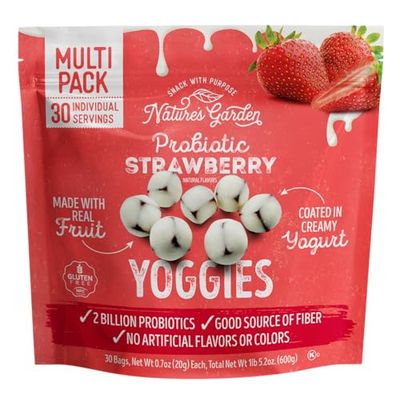 Nature's Garden Probiotic Yoggie Bites, 21oz (30 x 0.7oz), Strawberry Yogurt Covered Snack Pack, High Fiber, Delicious Real Fruit Pieces, No Artificial Ingredients, Healthy Snack for Adults