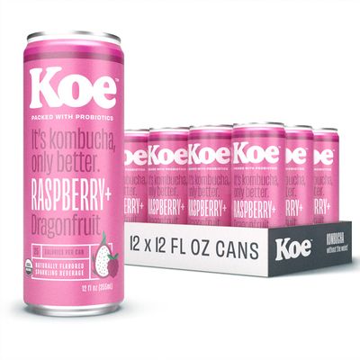 Koe Organic Kombucha Cans, Raspberry Dragonfruit, 12 oz Aluminum Cans Pack of 12 - Sparkling Fruit Drinks With Live Probiotics and Vitamin C