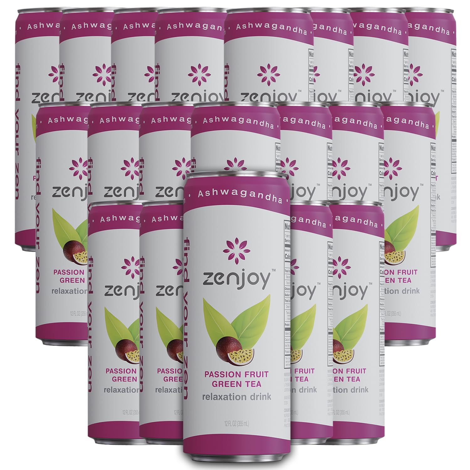 Zenjoy Passion Fruit Green Tea Relaxation Drink 20 Pack - Calming Drink with Ashwagandha &amp; Lemon Balm - Non-Alcoholic Beverage Infused with L-Theanine for Enhanced Focus - 12oz Cans