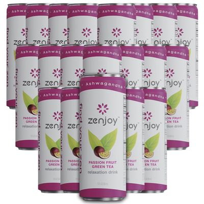 Zenjoy Passion Fruit Green Tea Relaxation Drink 20 Pack - Calming Drink with Ashwagandha &amp; Lemon Balm - Non-Alcoholic Beverage Infused with L-Theanine for Enhanced Focus - 12oz Cans