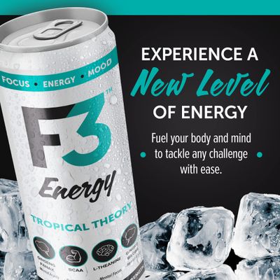 F3 Energy Tropical Theory Energy Drink - Muscle Building Sports Drinks w/BCAA, Panax Ginseng & Ginkgo Biloba - Natural Energy Drinks for Mental Focus & Muscle Recovery, 125 mg Caffeine (12 pack)