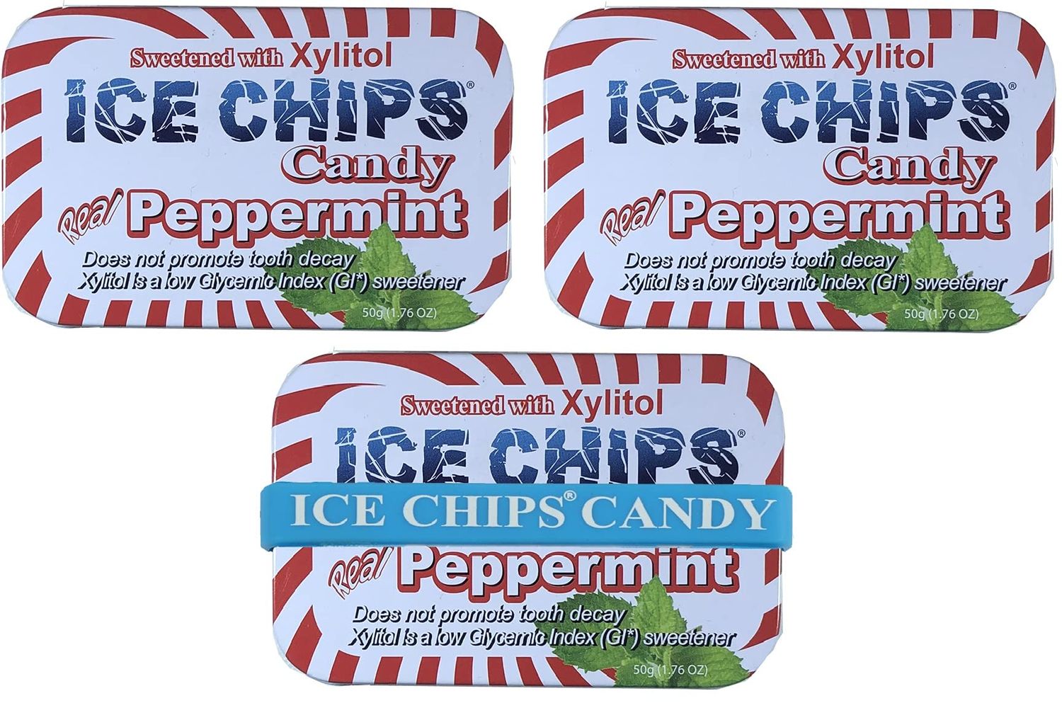 ICE CHIPS Xylitol Candy Tins 5.28 oz total (Peppermint, 3 Pack) - Includes BAND as shown