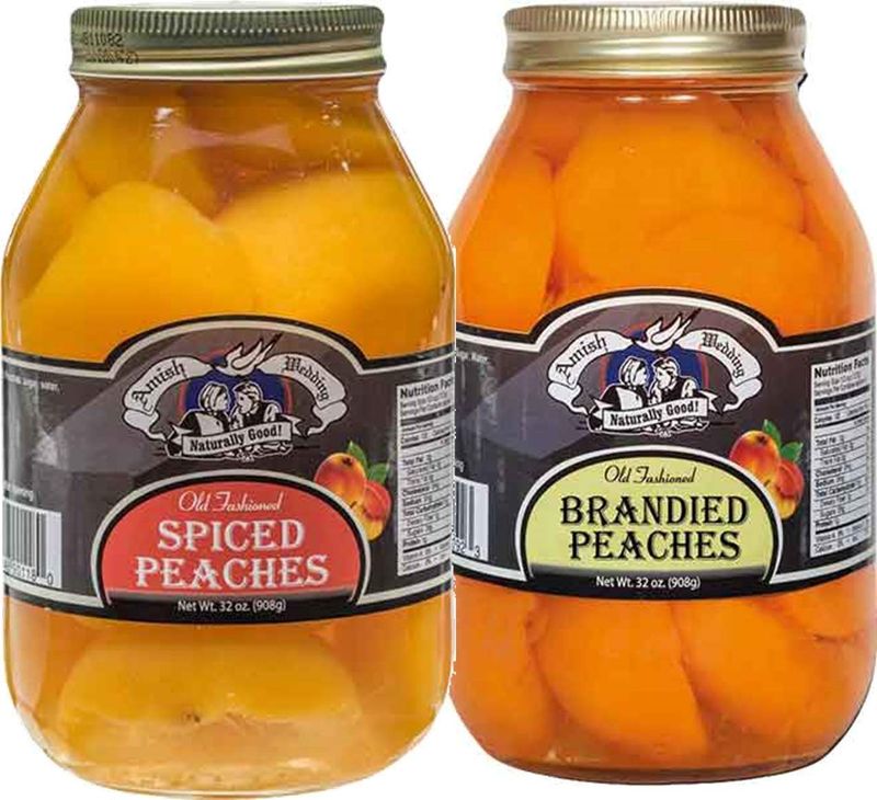 Amish Wedding Old Fashioned Spiced Peach Halves and Brandied Peach Halves Variety 2 Pack- 32 oz Jars