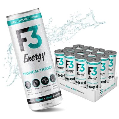 F3 Energy Tropical Theory Energy Drink - Muscle Building Sports Drinks w/BCAA, Panax Ginseng &amp; Ginkgo Biloba - Natural Energy Drinks for Mental Focus &amp; Muscle Recovery, 125 mg Caffeine (12 pack)