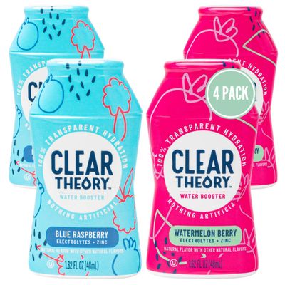 Clear Theory Water Flavoring Drops with Electrolytes, Water Enhancer Liquid Flavored Water Drink Mix, Hydration for Kids, Vegan, Gluten Free, Low Calorie (Blue Raspberry &amp; Watermelon Berry)