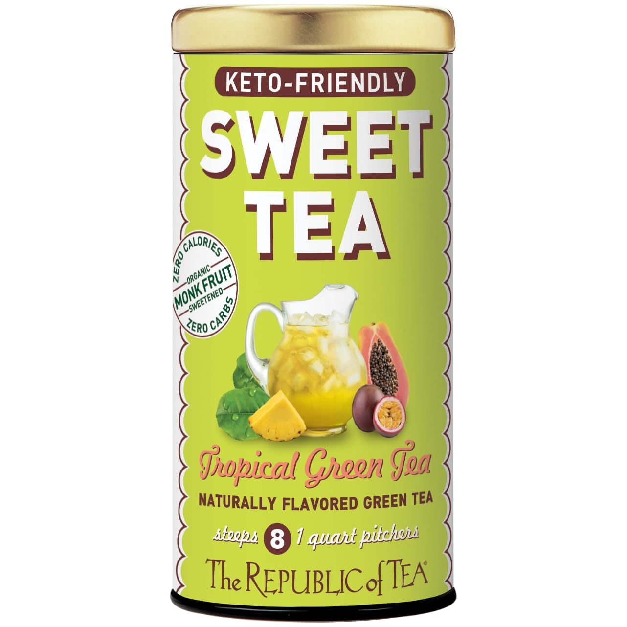 The Republic of Tea - Keto-Friendly Sweet Iced Tropical Green Tea, 8 Large Quart-Sized Iced Tea Pouches, Naturally Caffeinated