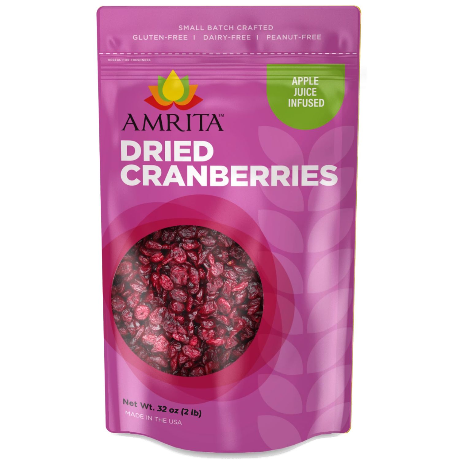 Amrita Dried Cranberries 2 lb | Sweetened with Apple Juice, Unsulfured, Gluten Free, non-GMO, No Preservatives | Packed Fresh in Resealable Bags | Fruit Snacks, Salads, Baking